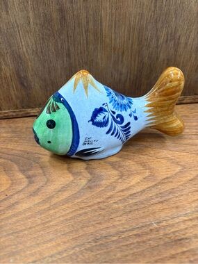 Hand-Painted Ceramic Fish Figurine - Blue, Green & Gold